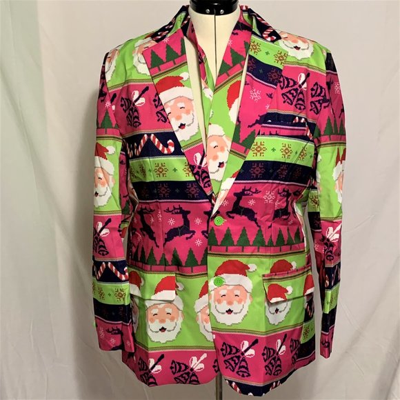 Ugly Christmas Blazer Sport Coat Jacket Santa Reindeer Matching Tie Pink L - Picture 1 of 4